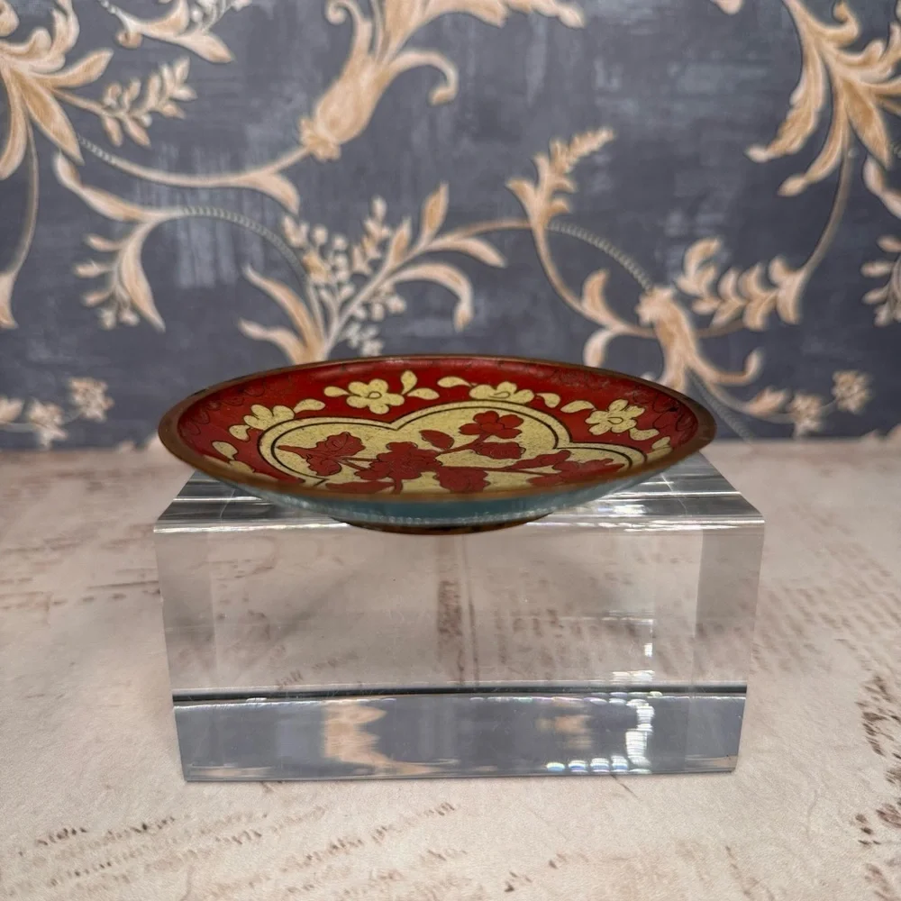Vintage Chinese Cloisonne Brass Enamel Floral Trinket Dish Marked China